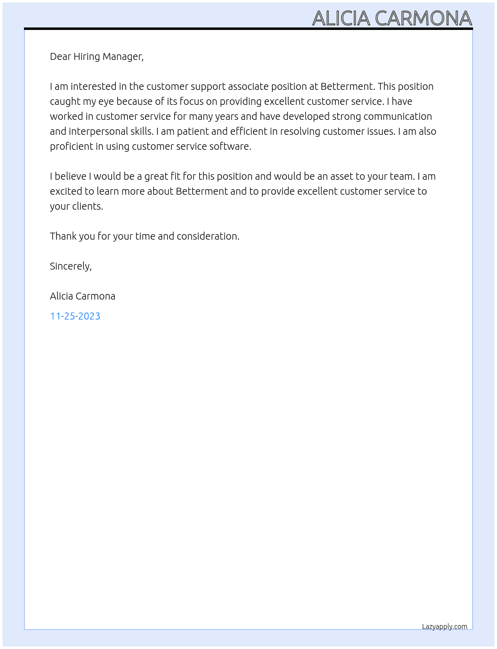 Customer support associate At Betterment Cover Letter