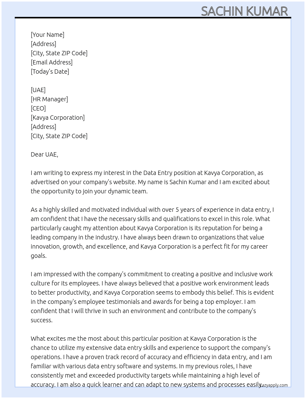 Data entry  At Kavya corporation  Cover Letter