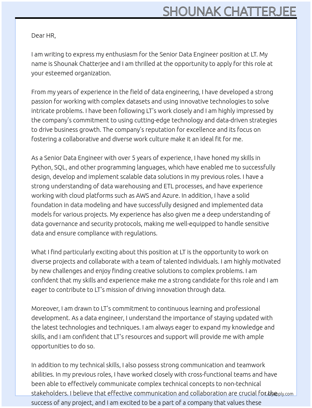  Senior Data Engineer At LT Cover Letter