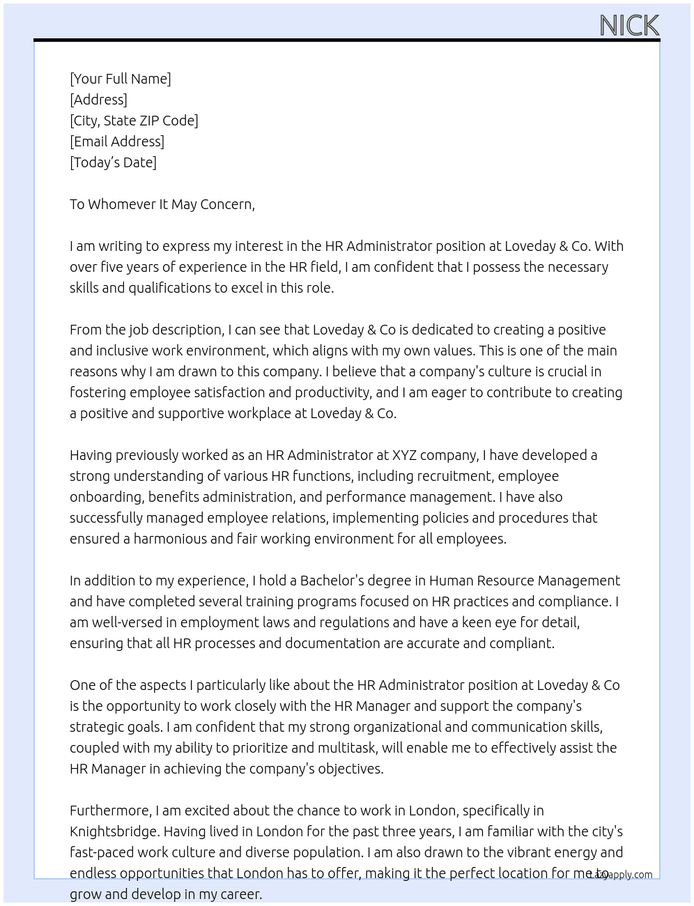 HR Administrator At Loveday & Co Cover Letter
