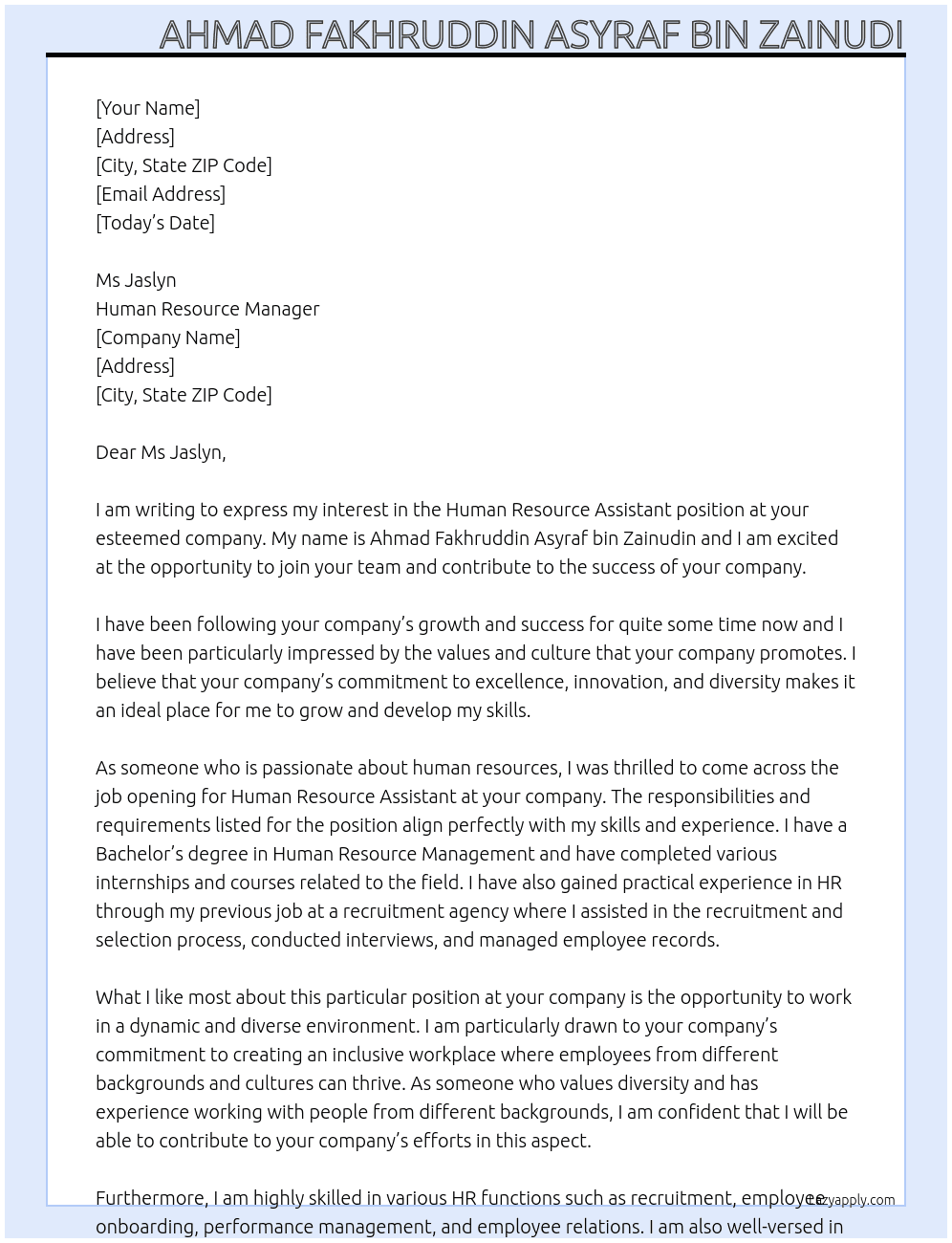 Human resource assistant At your company Cover Letter