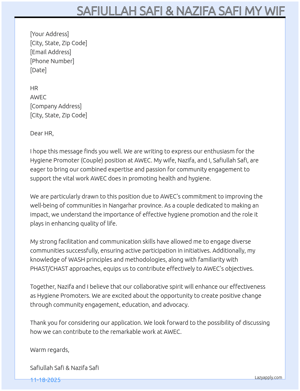 Hygiene Promoter (Couple) At AWEC Cover Letter