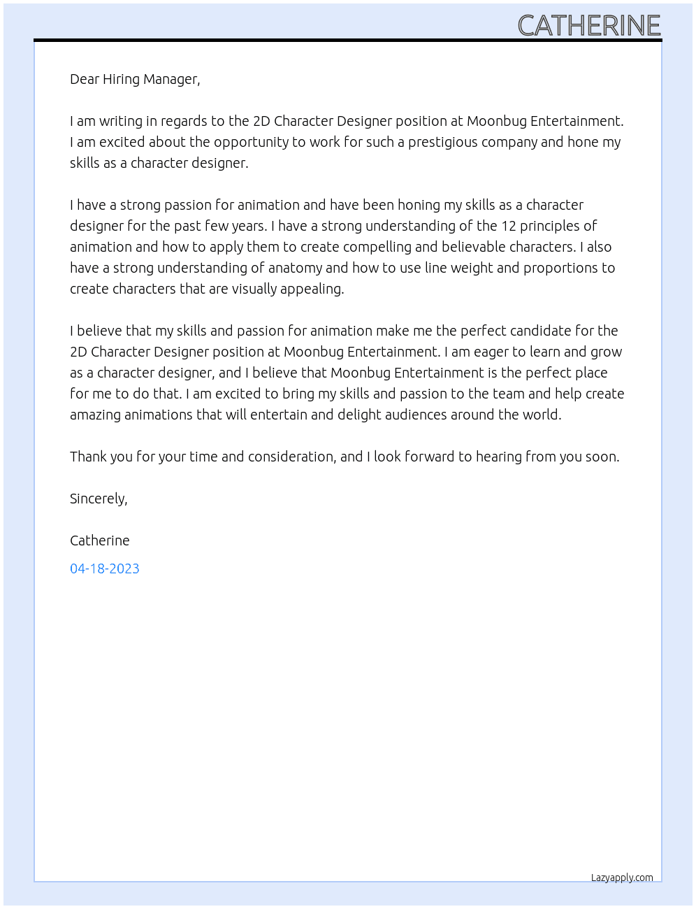 2D Character Designer At Moonbug Entertainment Cover Letter