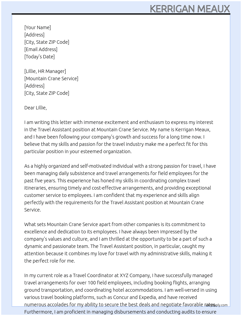 Travel Assisant At Mountain Crane Service Cover Letter