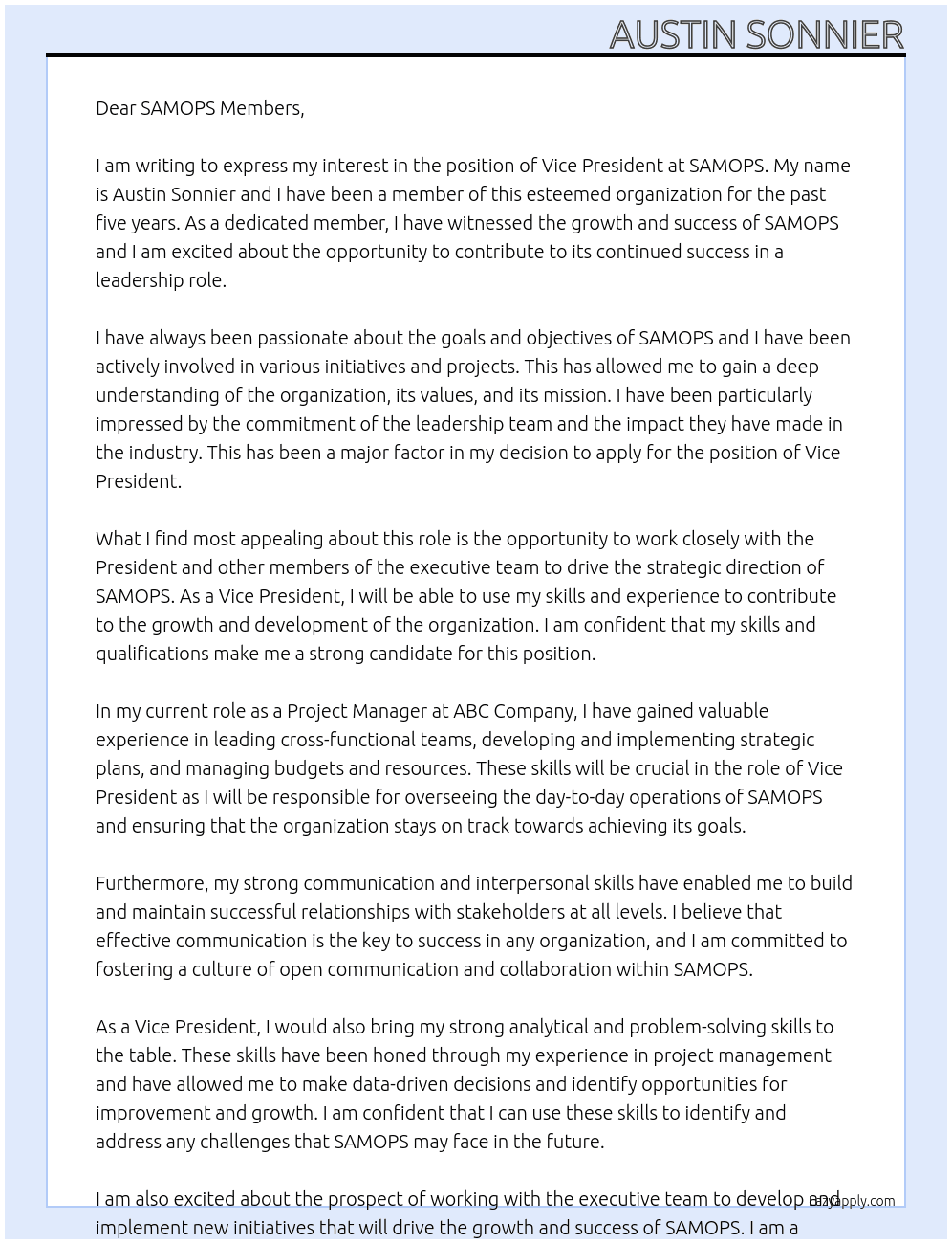 Vice President At SAMOPS Cover Letter