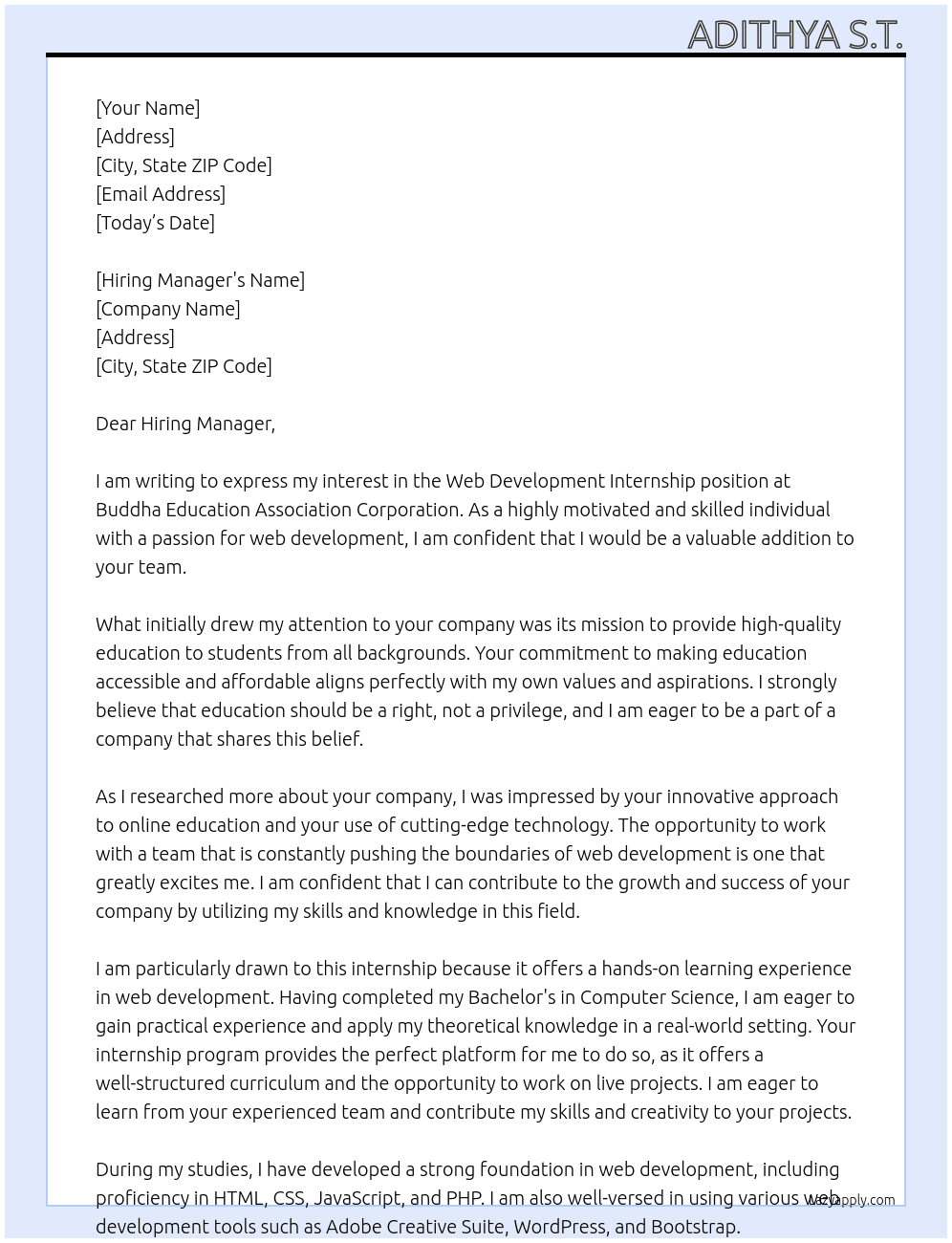 Web Development Internship At Buddha Education Association Corporation Cover Letter