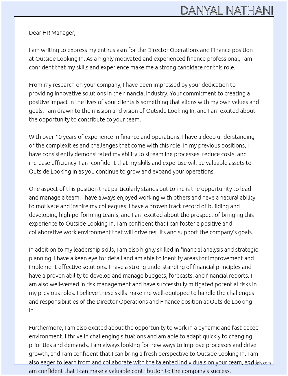 Director Operations and Finance At Outside Looking In Cover Letter