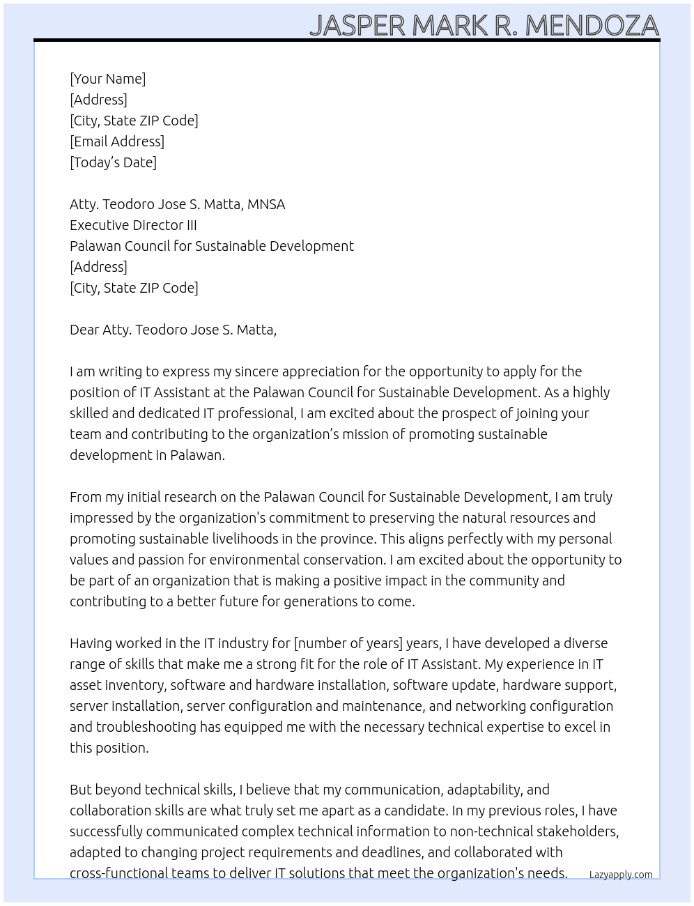 IT Asssistant At Palawan Council for Sustainable Development Cover Letter