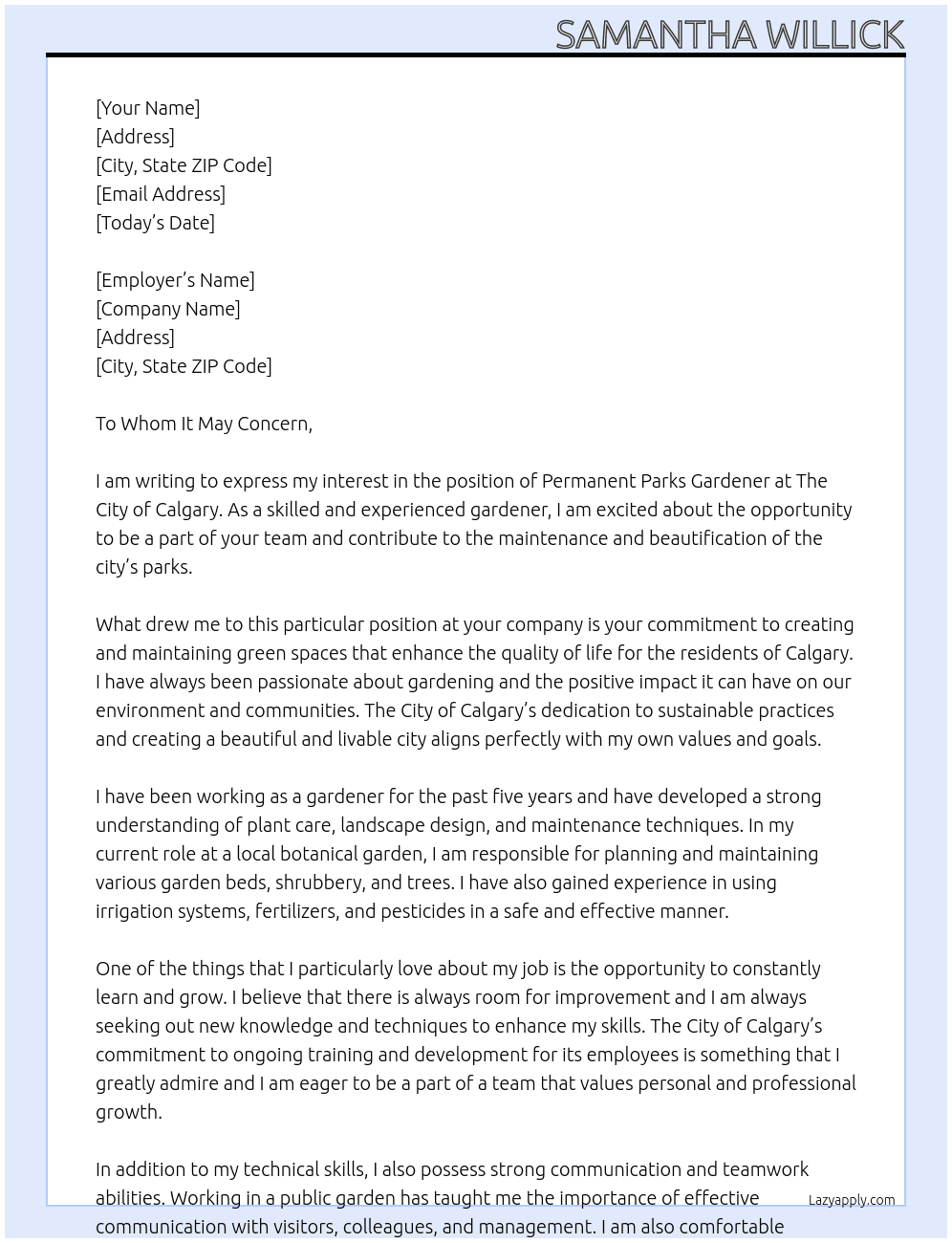 Permanent Parks Gardener At The City of Calgary Cover Letter
