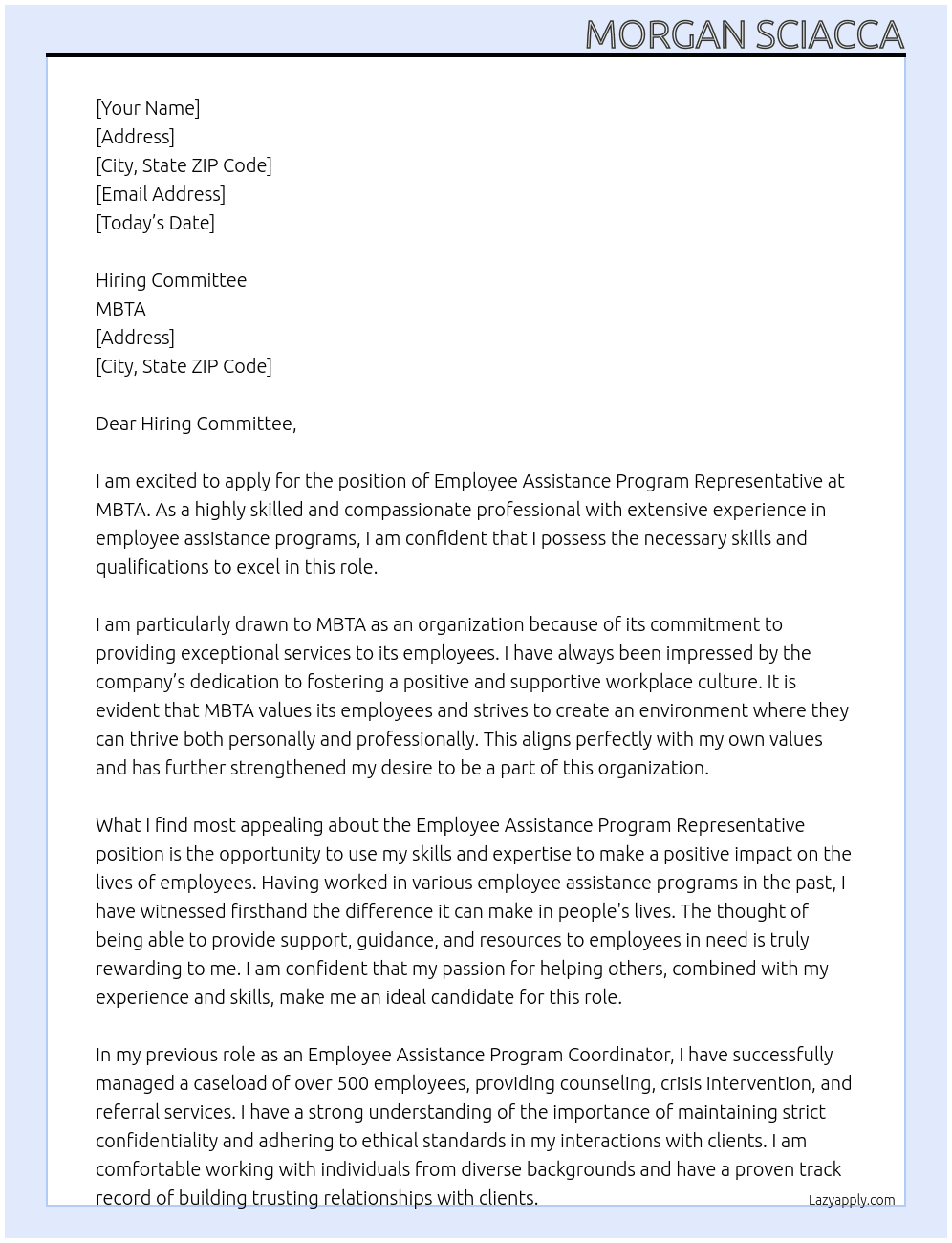Employee Assistance Program Representative At MBTA Cover Letter