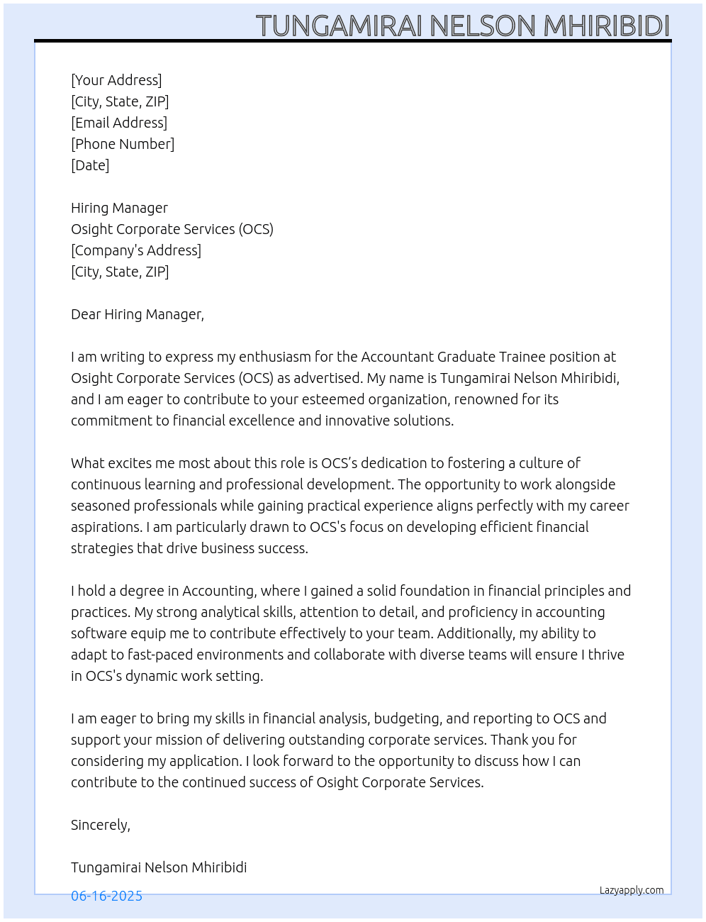 Cover letter for accountant graduate trainee - LazyApply