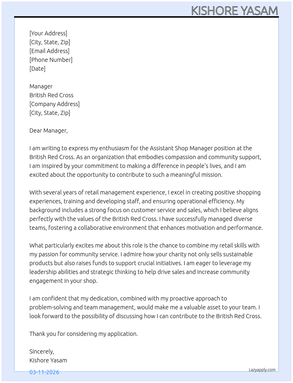 Cover letter for assistant shop manager - LazyApply