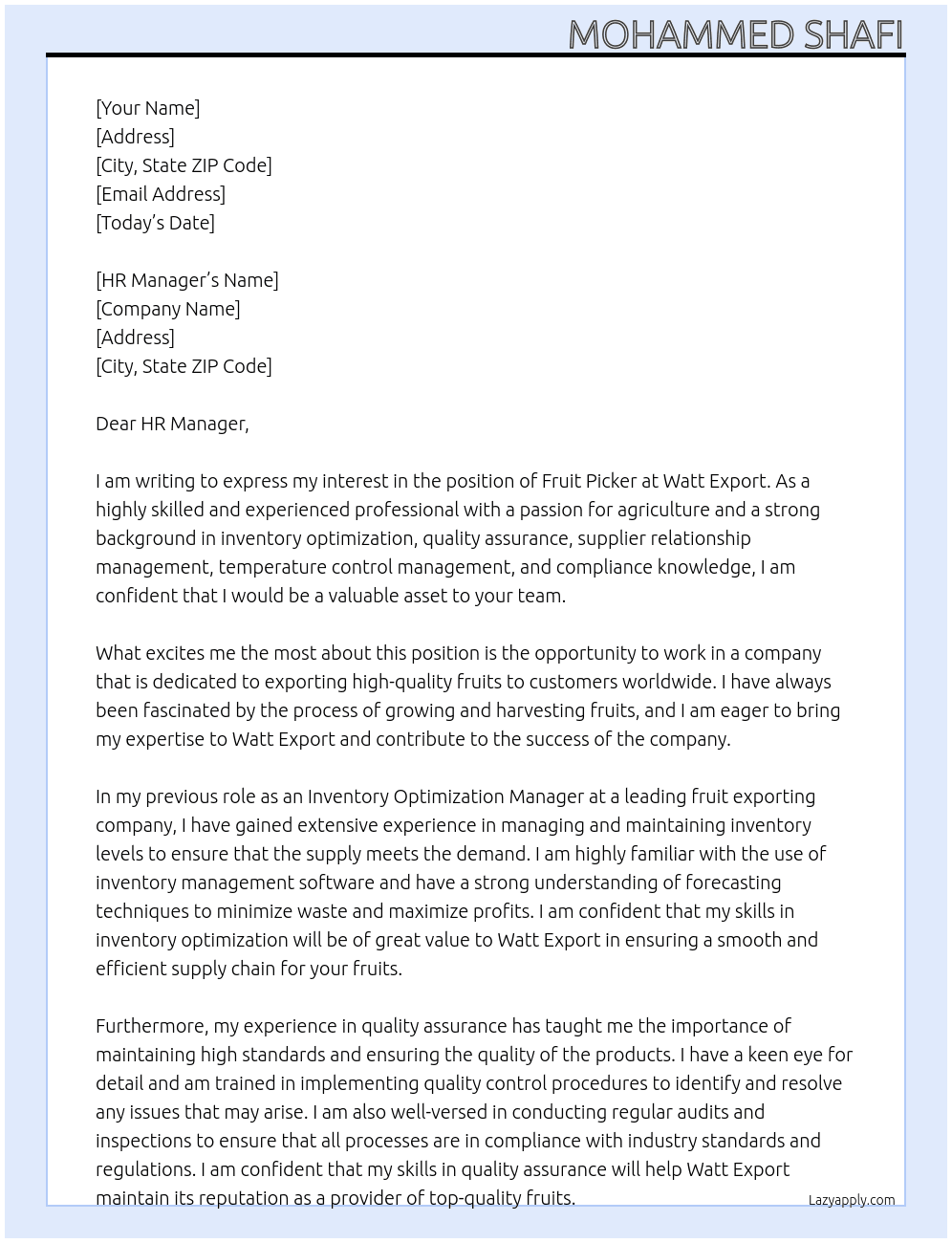Fruit Picker At Watt Export Cover Letter