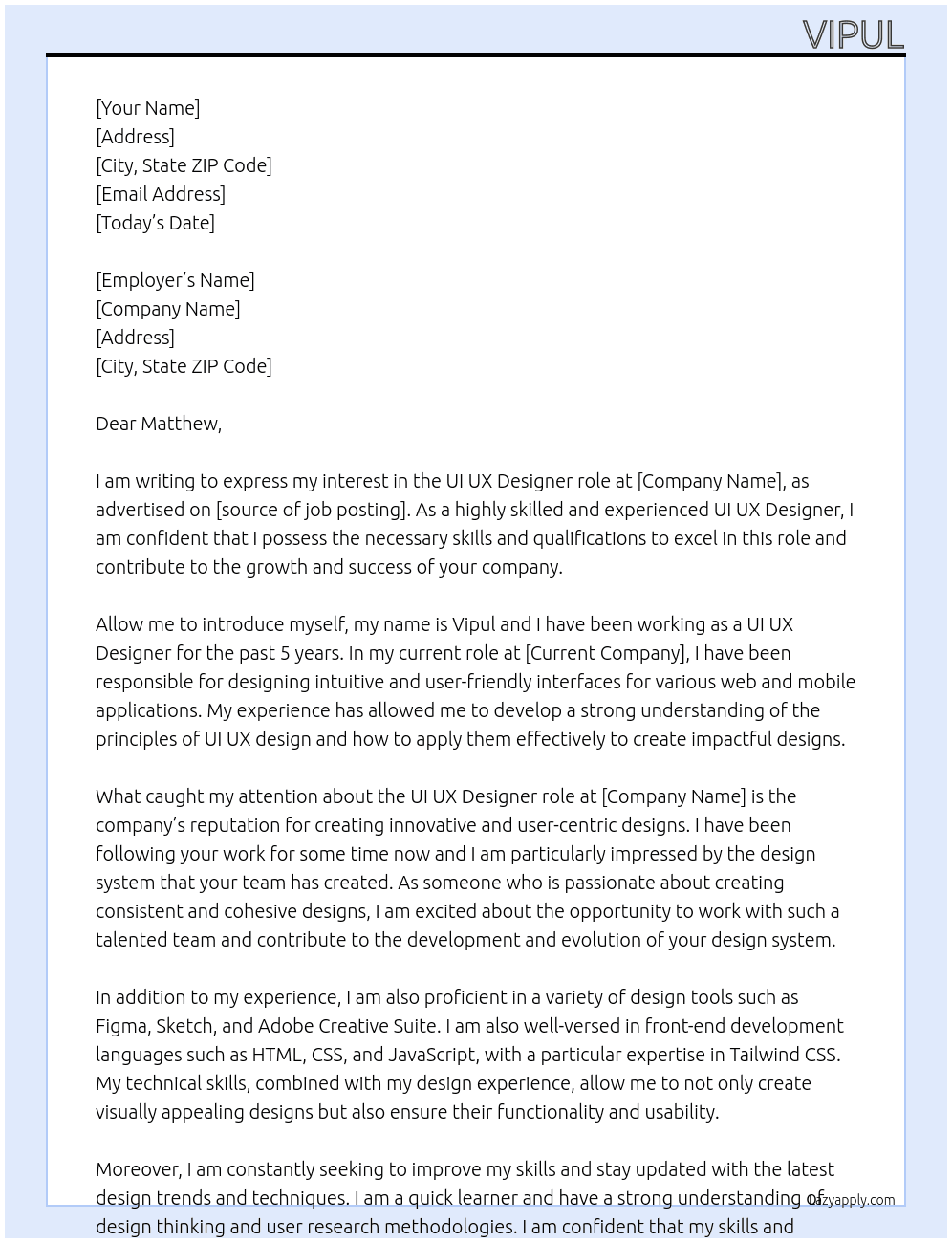 UI UX Designer At Matthew Cover Letter
