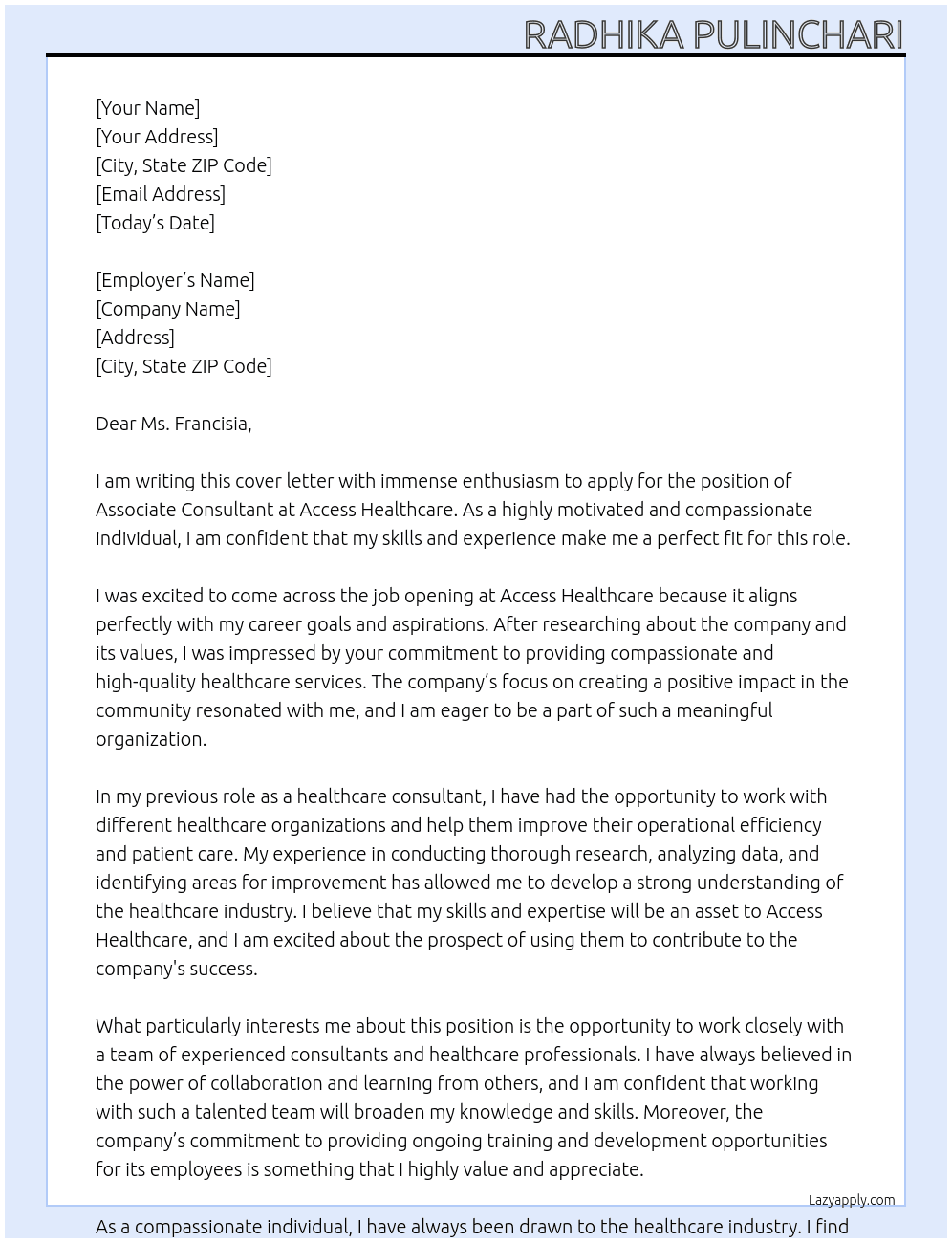 Associate Consultant At Access Healthcare Cover Letter