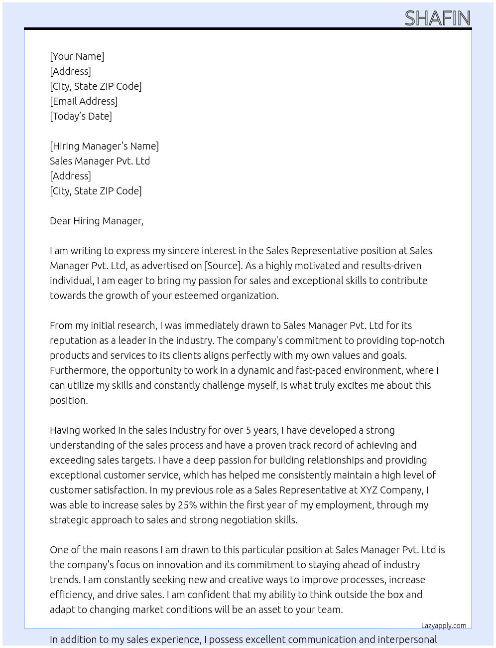 Sales representative  At Sales Manager Pvt. Ltd Cover Letter