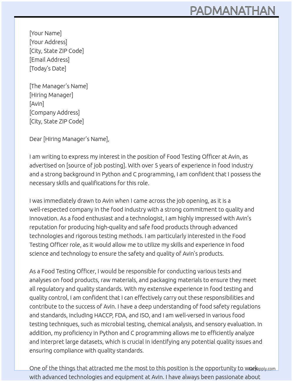 Food testing officer At Avin Cover Letter