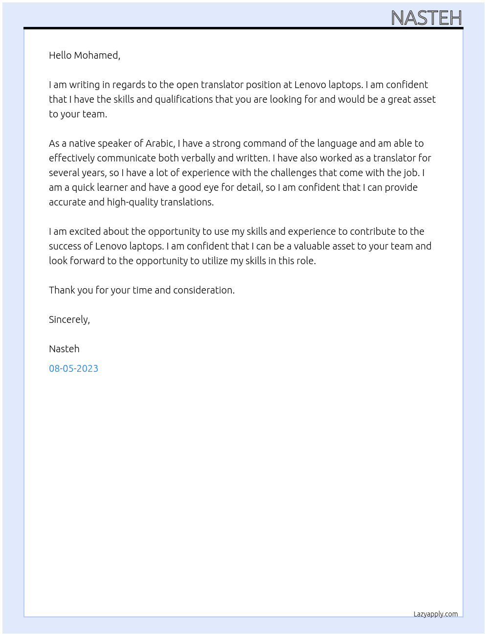 transaltor At Lenovo laptops Cover Letter