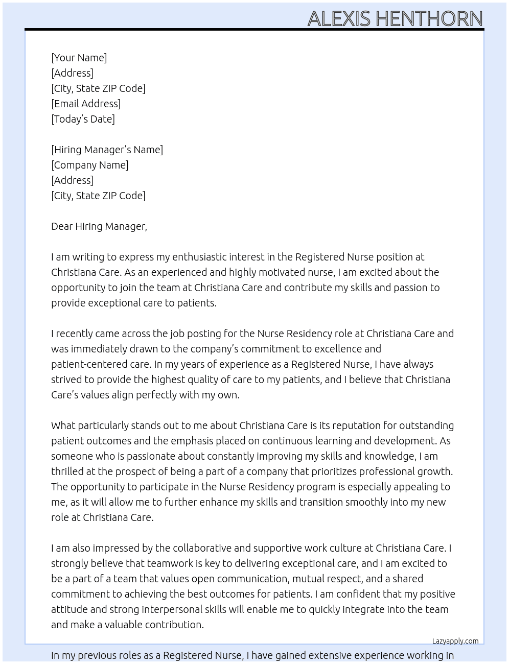 Registered Nurse At Christiana Care Cover Letter
