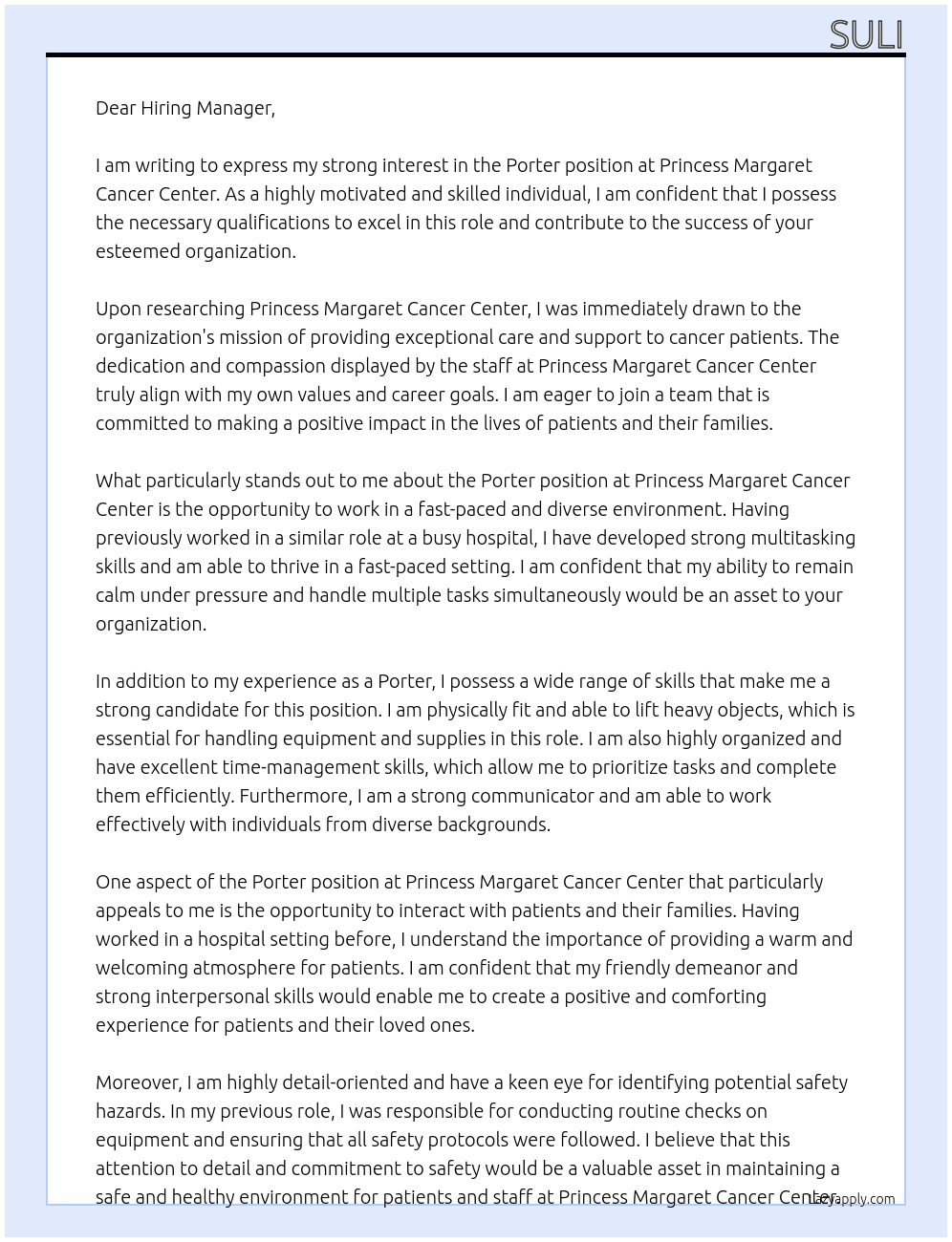 Porter At Princess Margaret Cancer Center Cover Letter