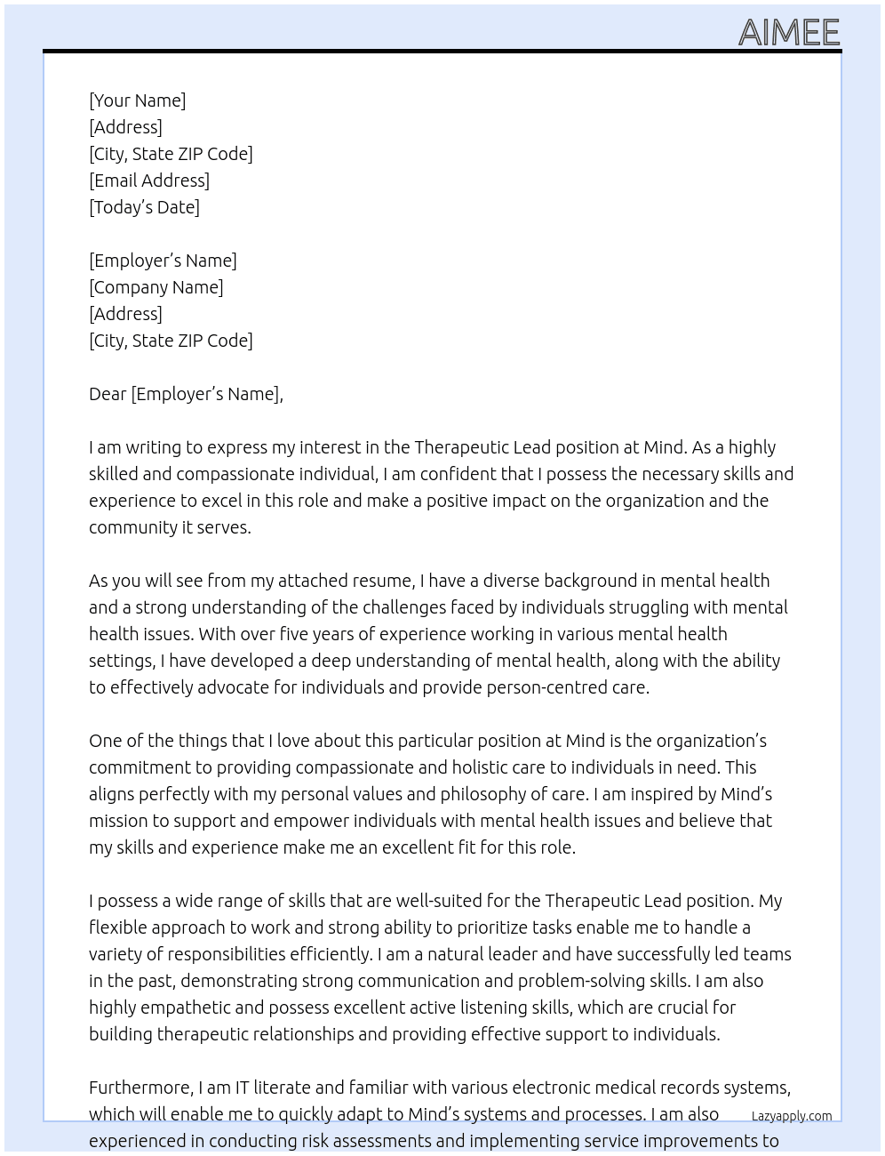 Therapeutic lead At Mind  Cover Letter