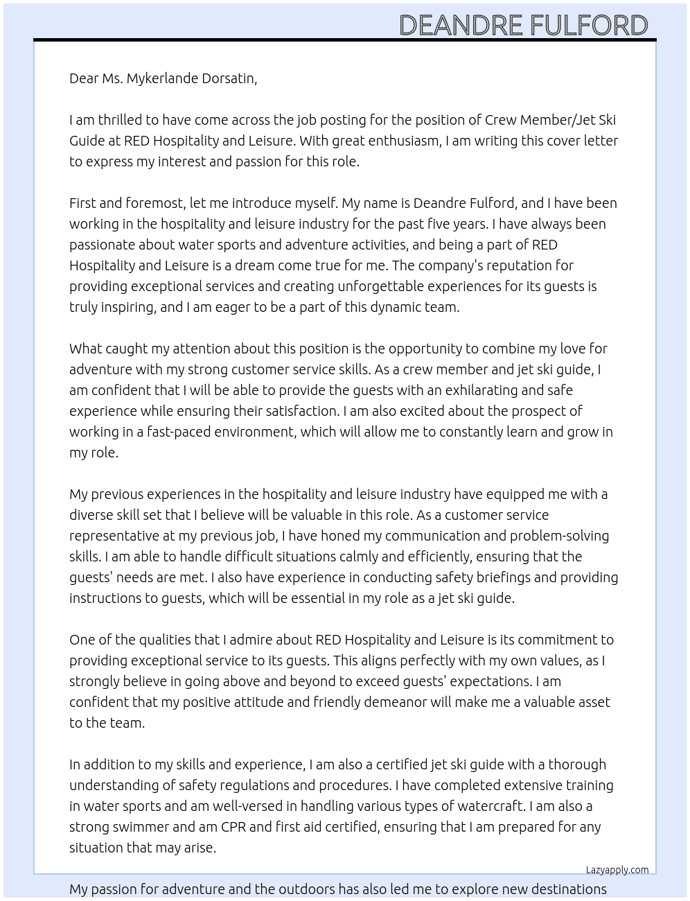 Crew Member / Jet Ski Guide  At RED Hospitality and Leisure  Cover Letter