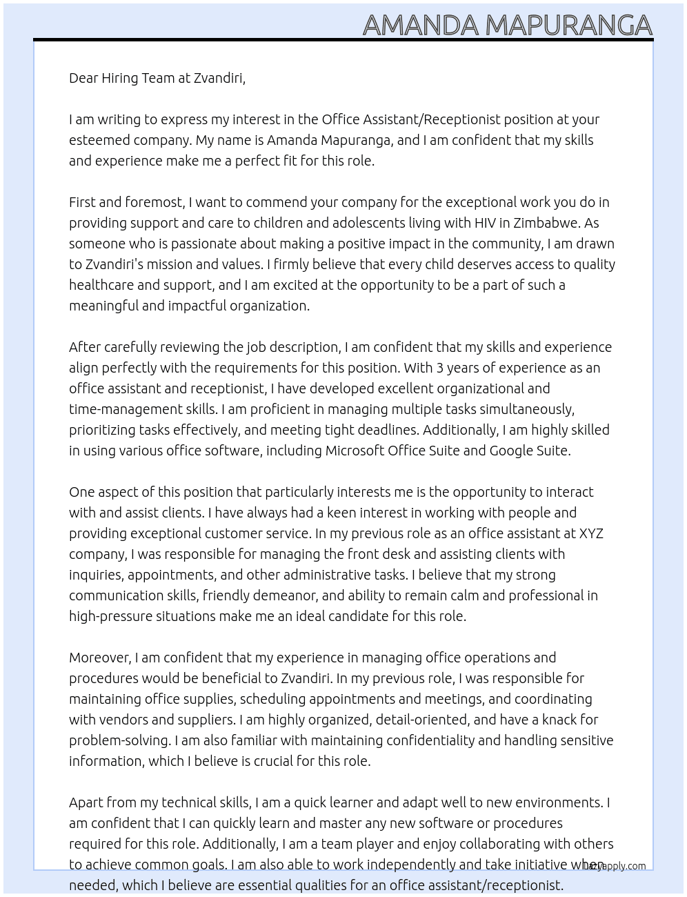 office assistant/receptionist At zvandiri Cover Letter