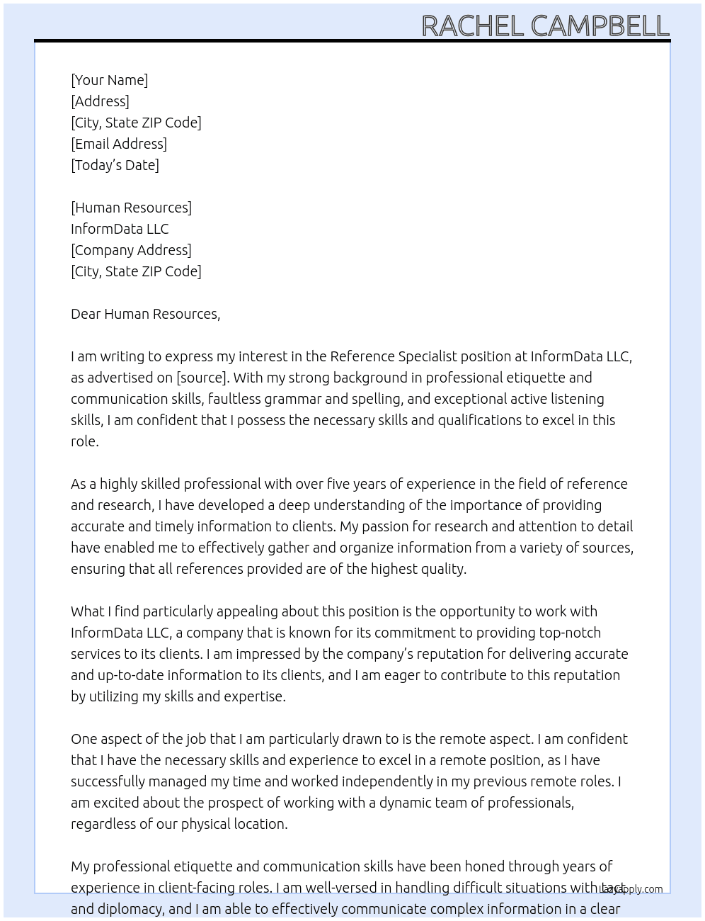 Cover letter for reference specialist - LazyApply