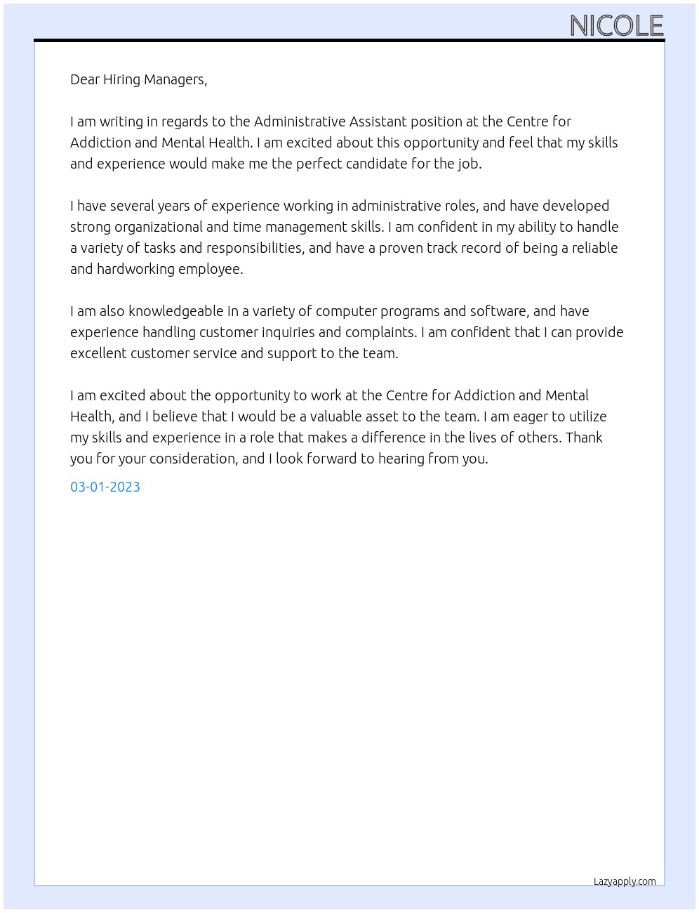 Administrative Assistant At Centre for Addiction and Mental Health Cover Letter