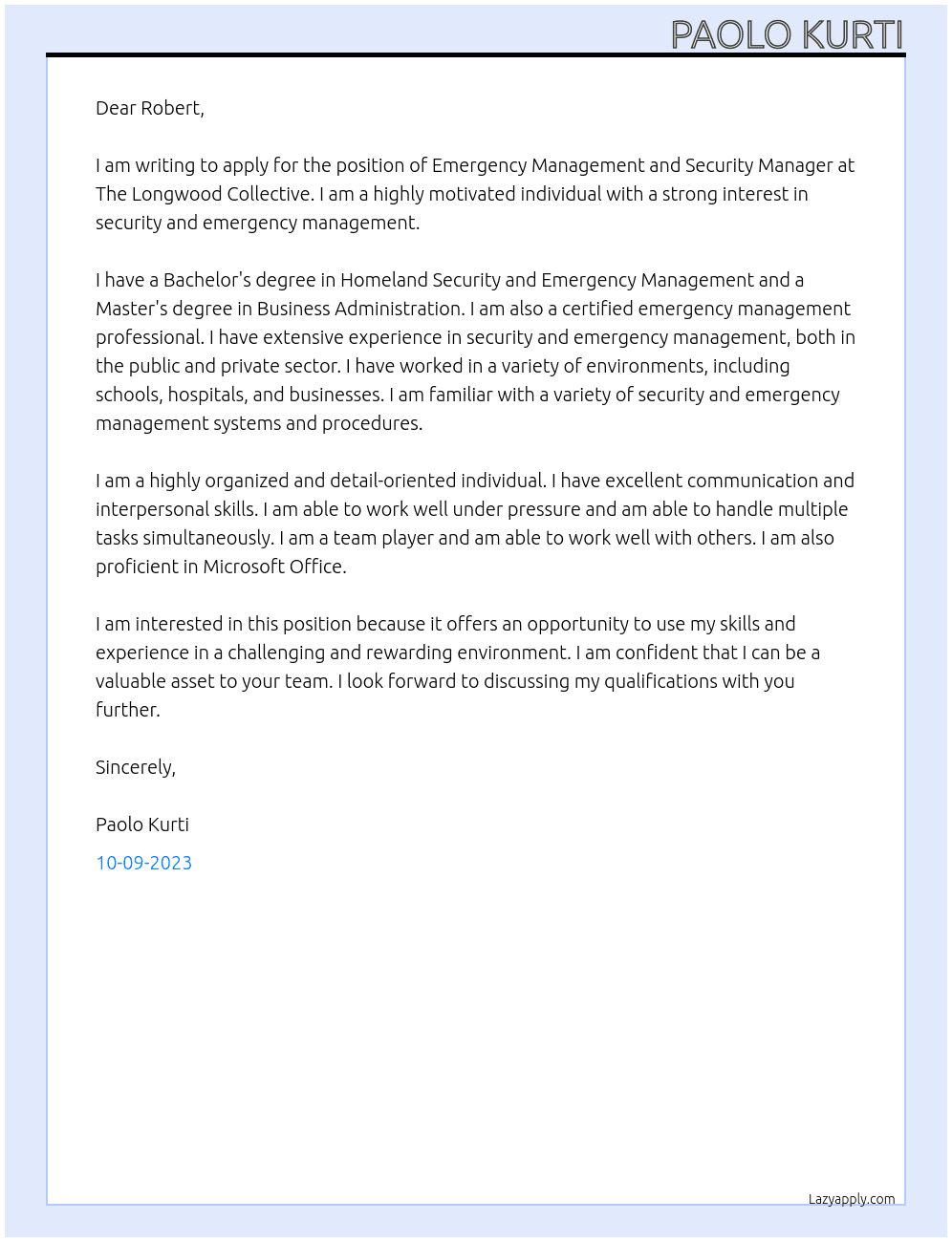 Emergency Management and Security Manager At The Longwood Collective  Cover Letter