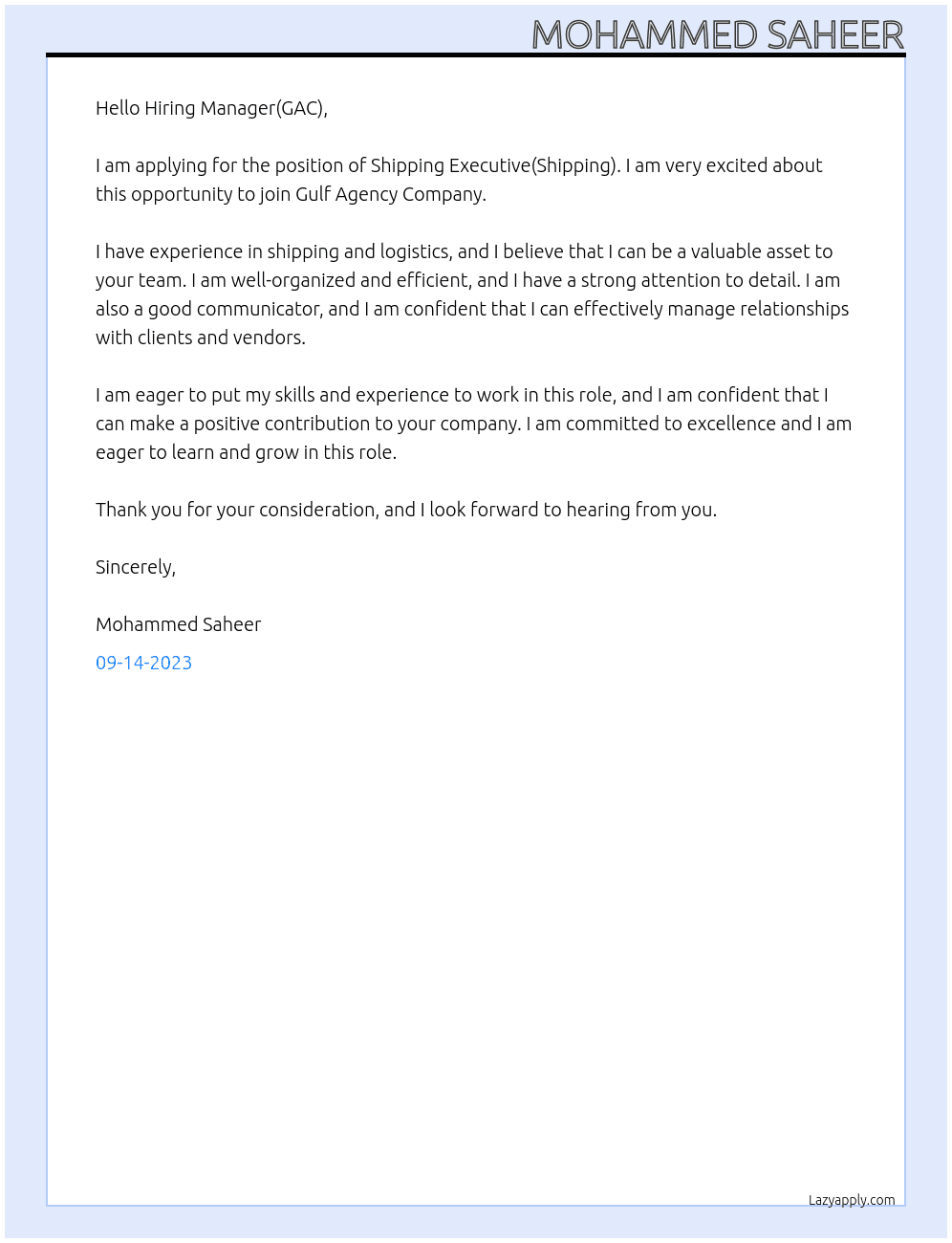 Shipping Executive( Shipping) At Gulf Agency Company Cover Letter