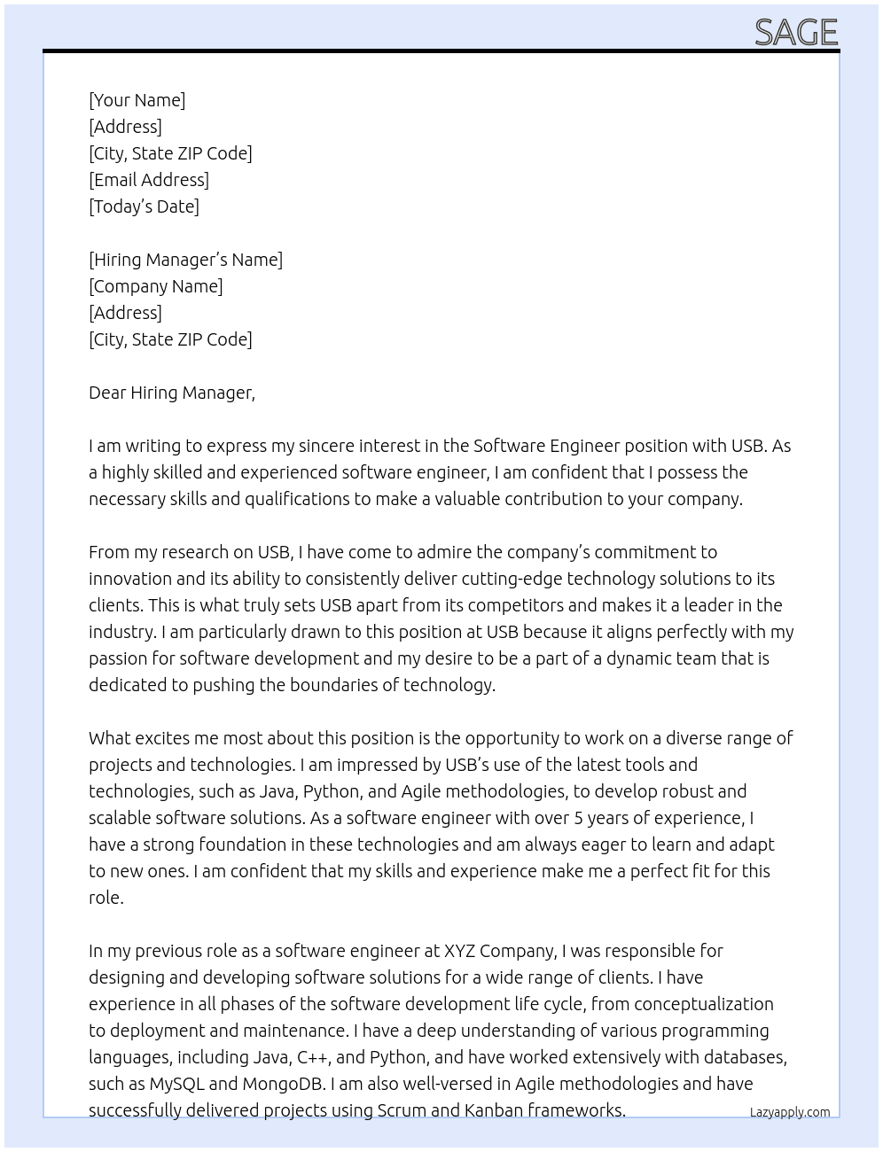 Software Engineer At USB Cover Letter