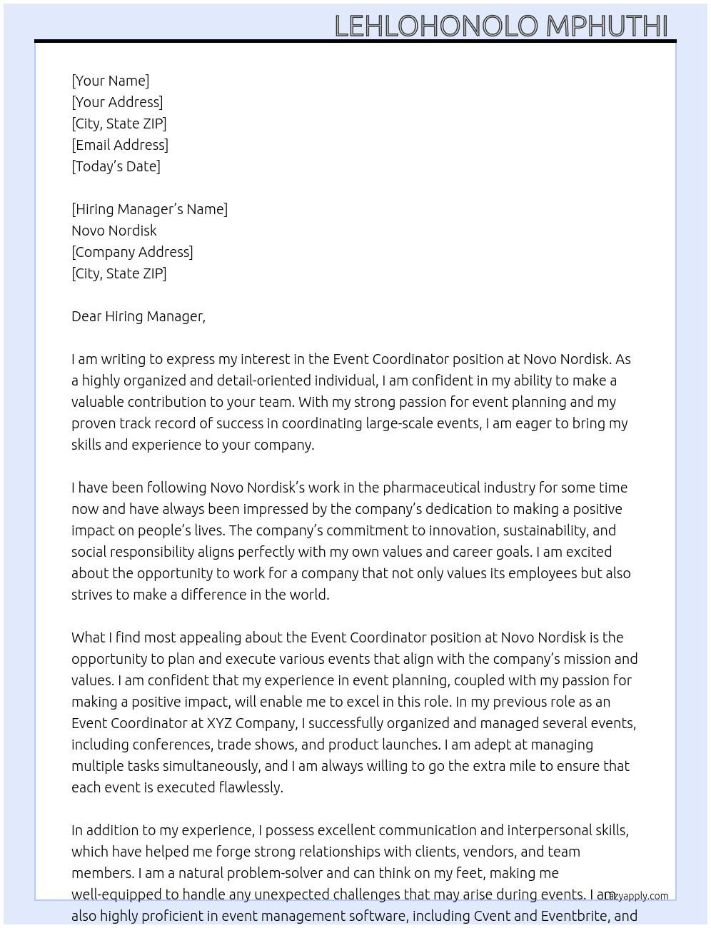 Event coordinator  At Novo Nordisk  Cover Letter