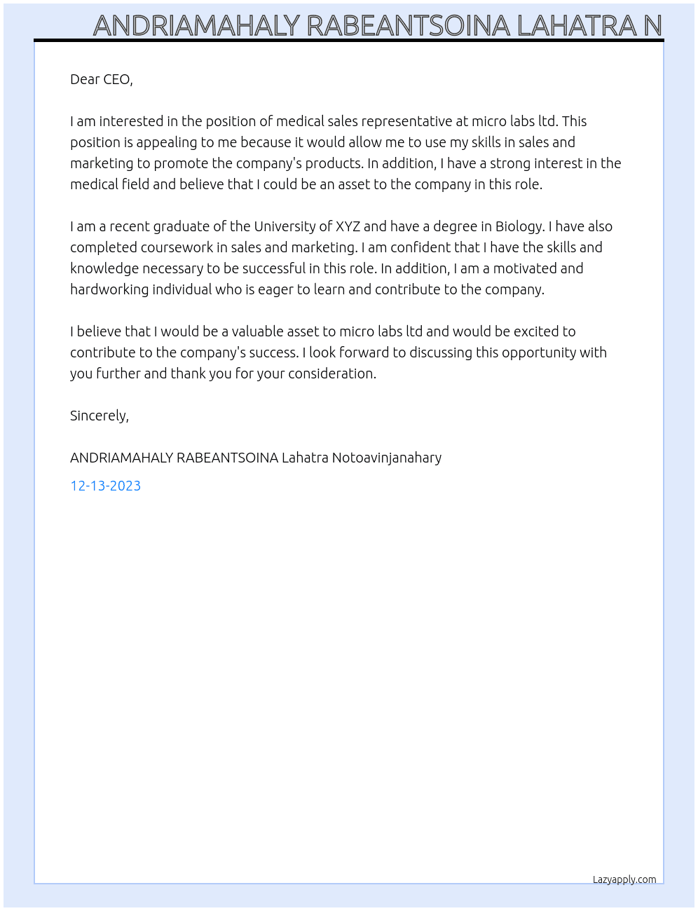 Medical sales representative At micro labs ltd Cover Letter