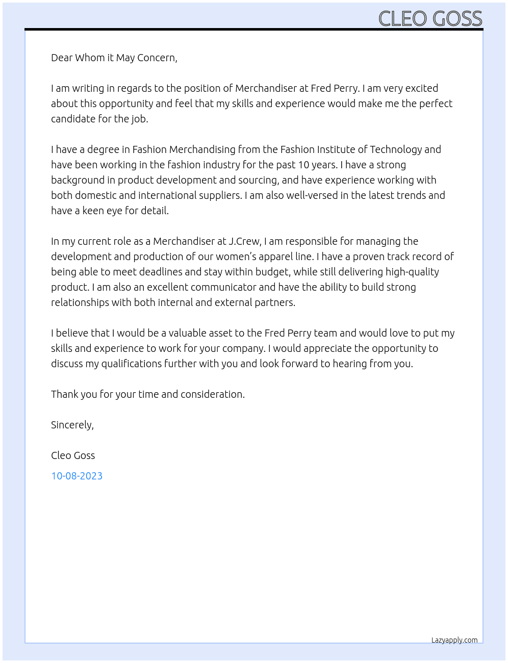 Merchandiser At Fred Perry Cover Letter