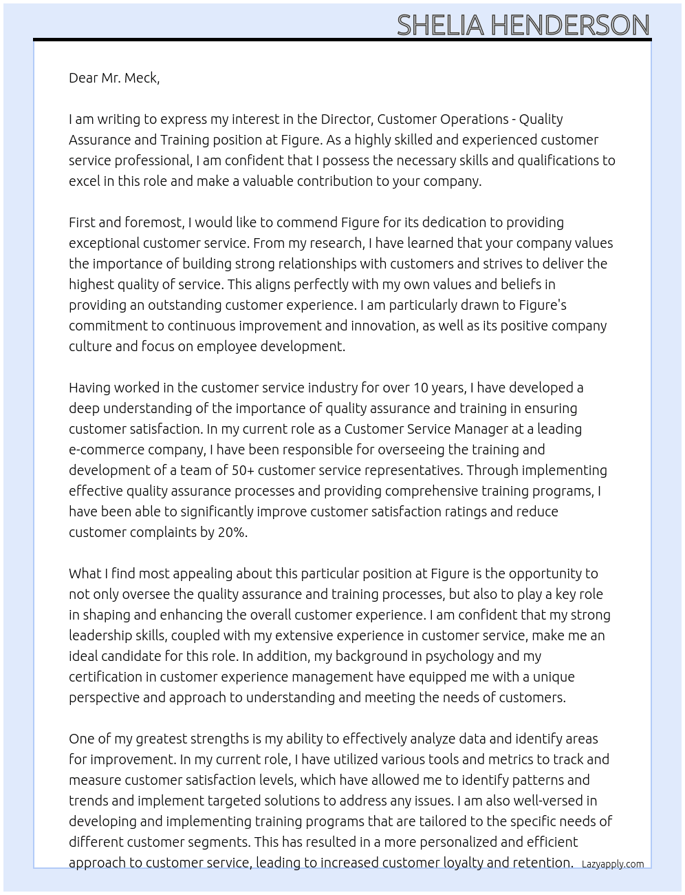 Director, Customer Operations - Quality Assurance and Training At Figure Cover Letter