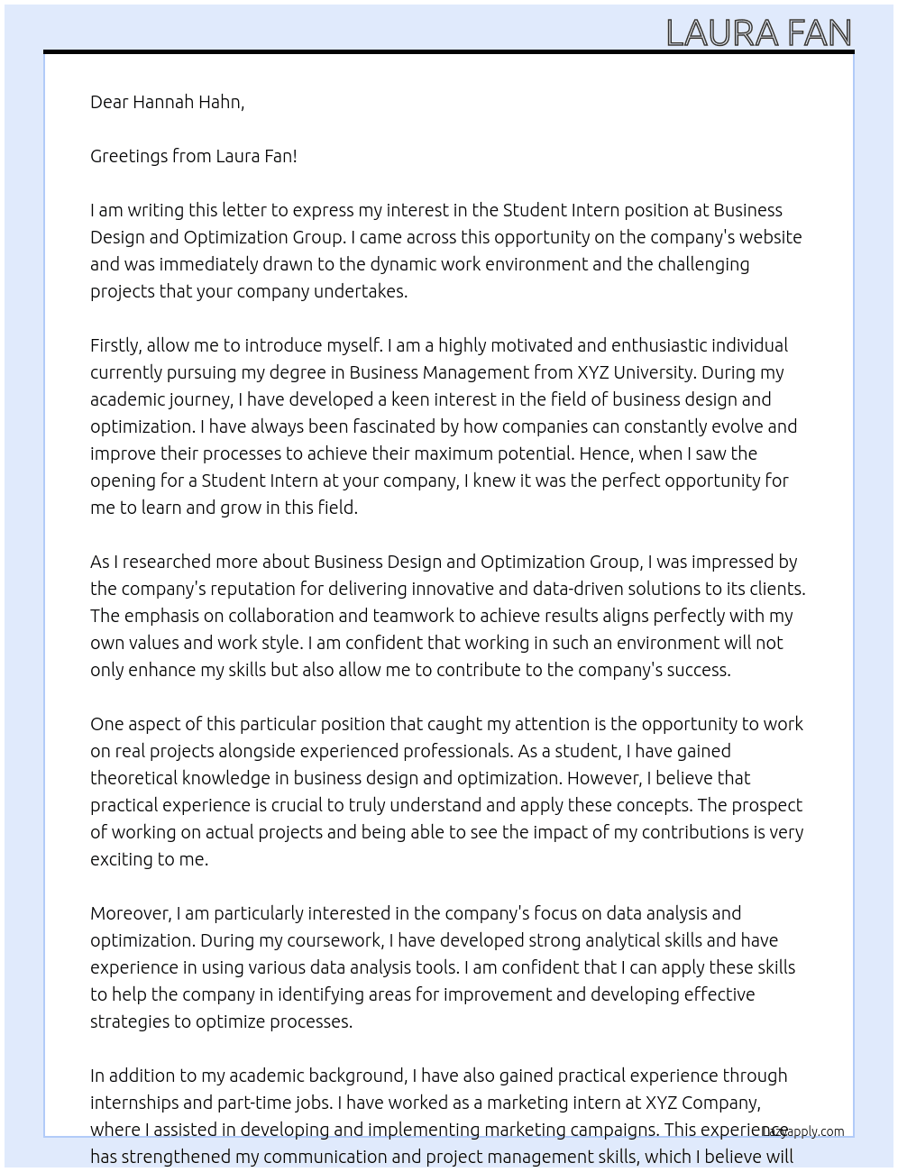 Studnet Intern At Business Design And Optimization Group Cover Letter