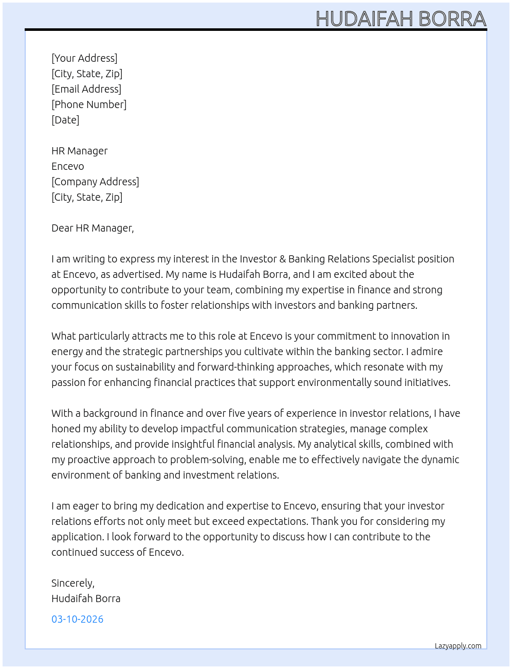 Investor & Banking Relations Specialist At encevo Cover Letter