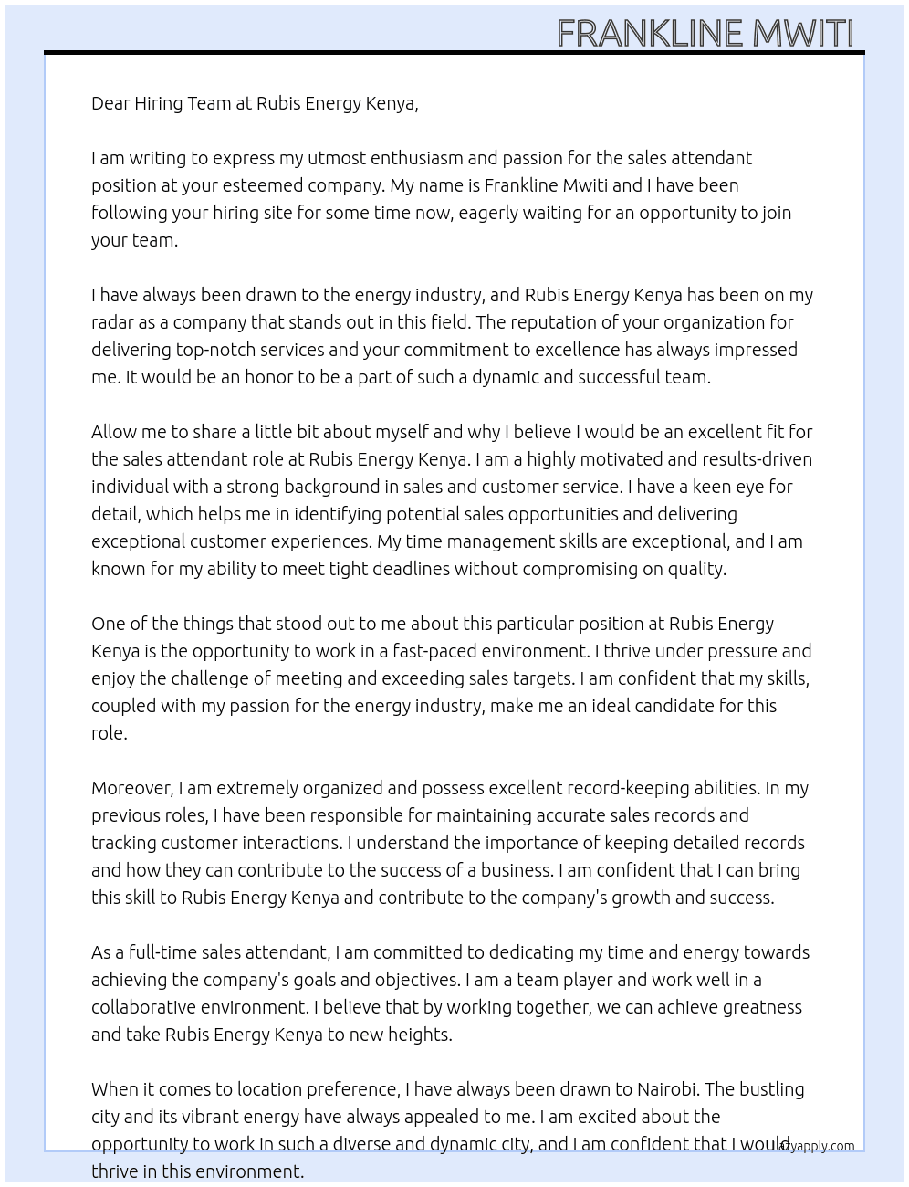Sales attendant  At Rubis energy kenya Cover Letter
