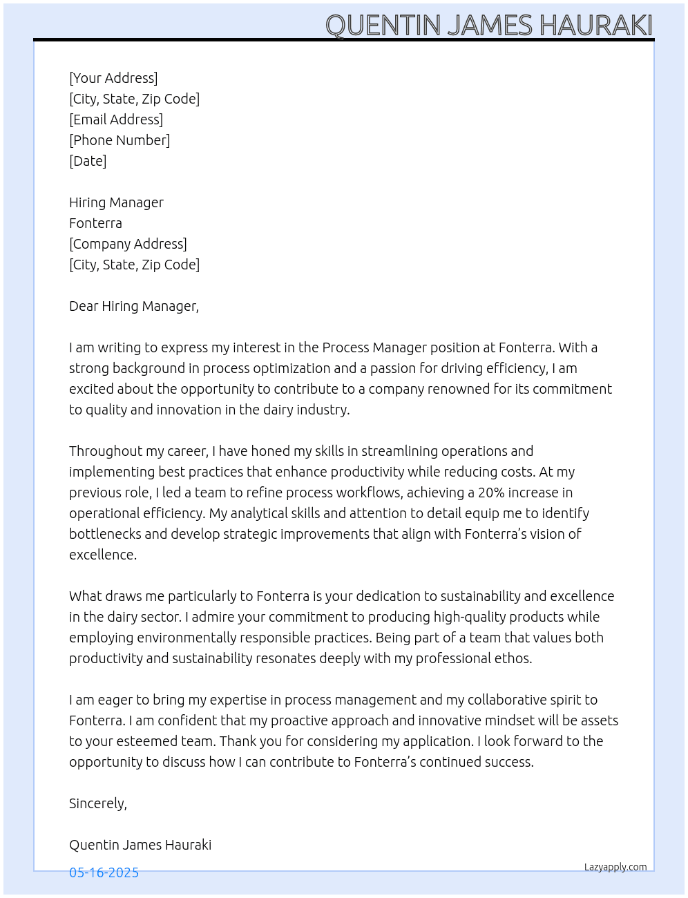 Process Manager At fonterra Cover Letter