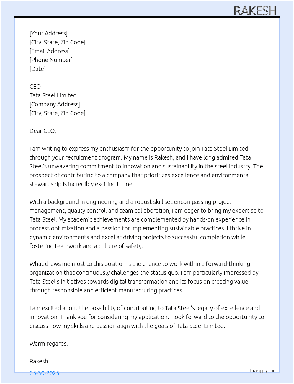 Cover letter for tata steel recruitment - LazyApply