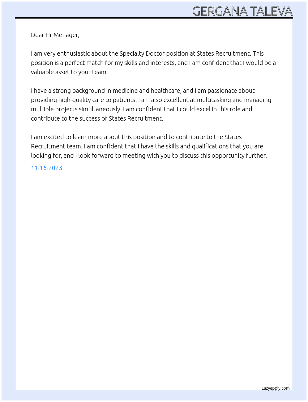 Specialty Doctor At States Recruitment Cover Letter
