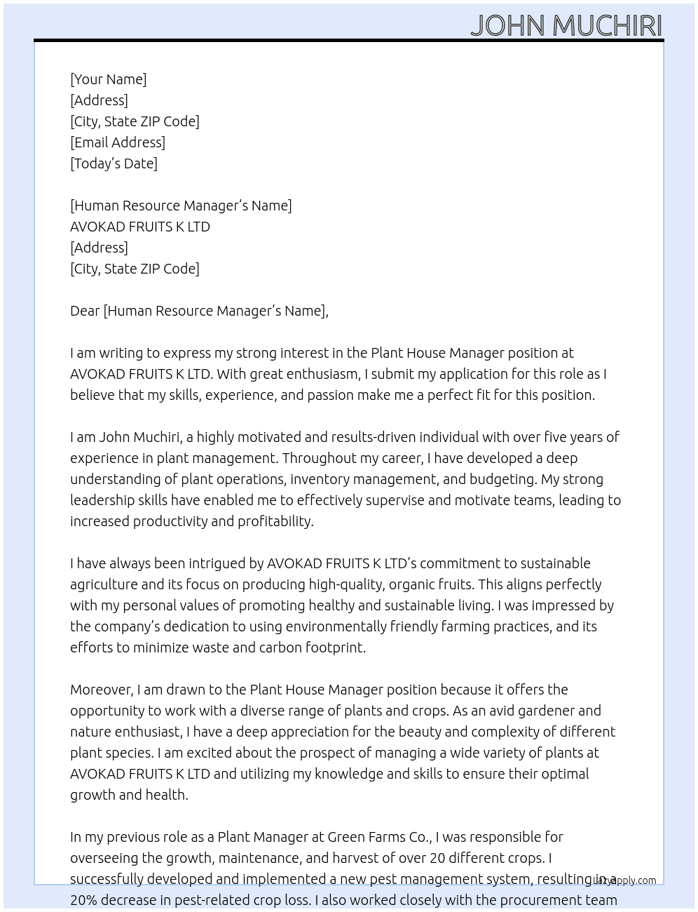 Cover letter for plant house manager - LazyApply