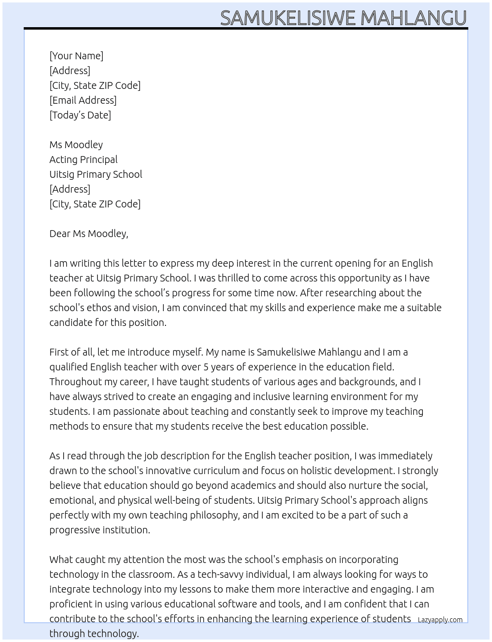 English teacher At Uitsig Primary School Cover Letter