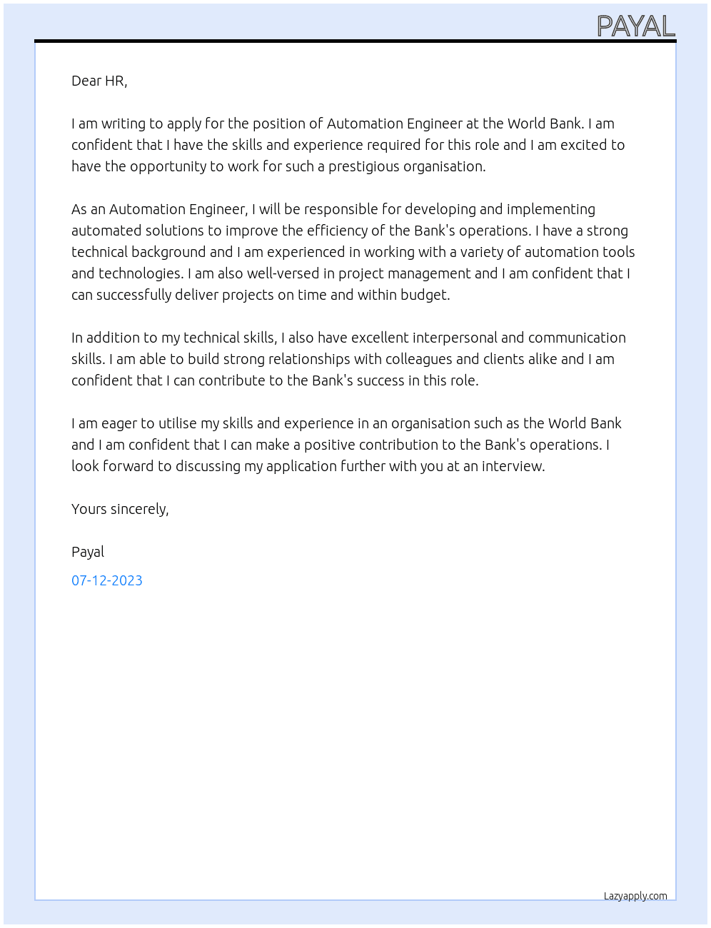 Automation engineer At World Bank Cover Letter