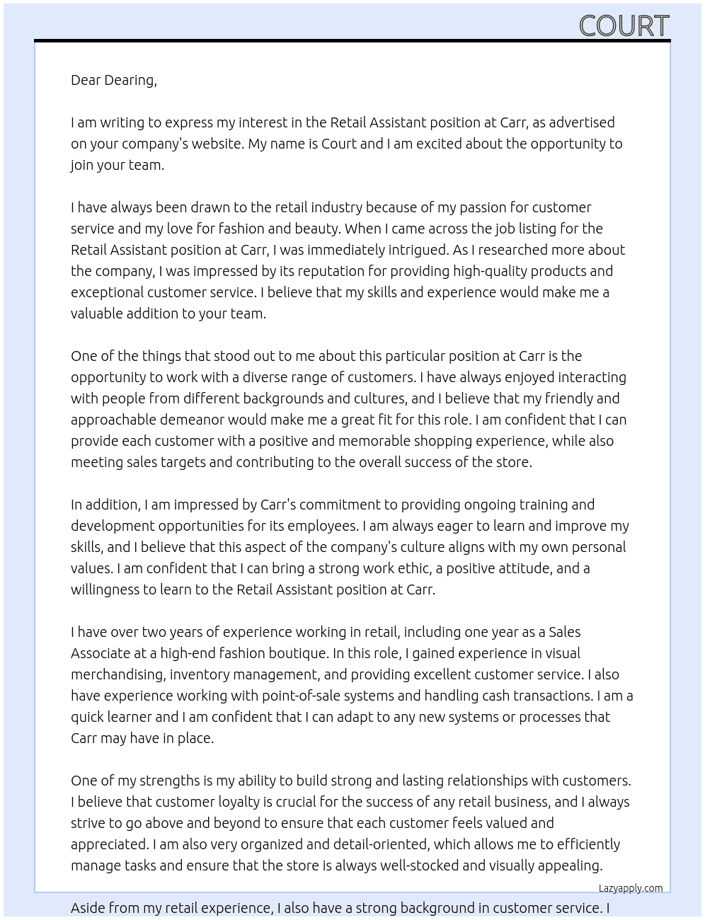 retail assistant At carr Cover Letter