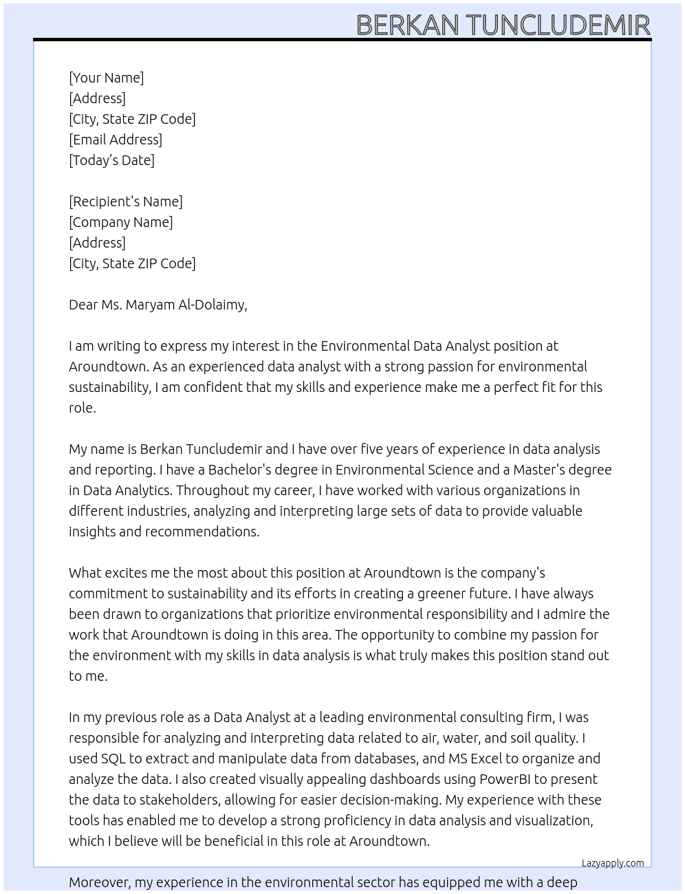Environmental Data Analyst At Aroundtown Cover Letter