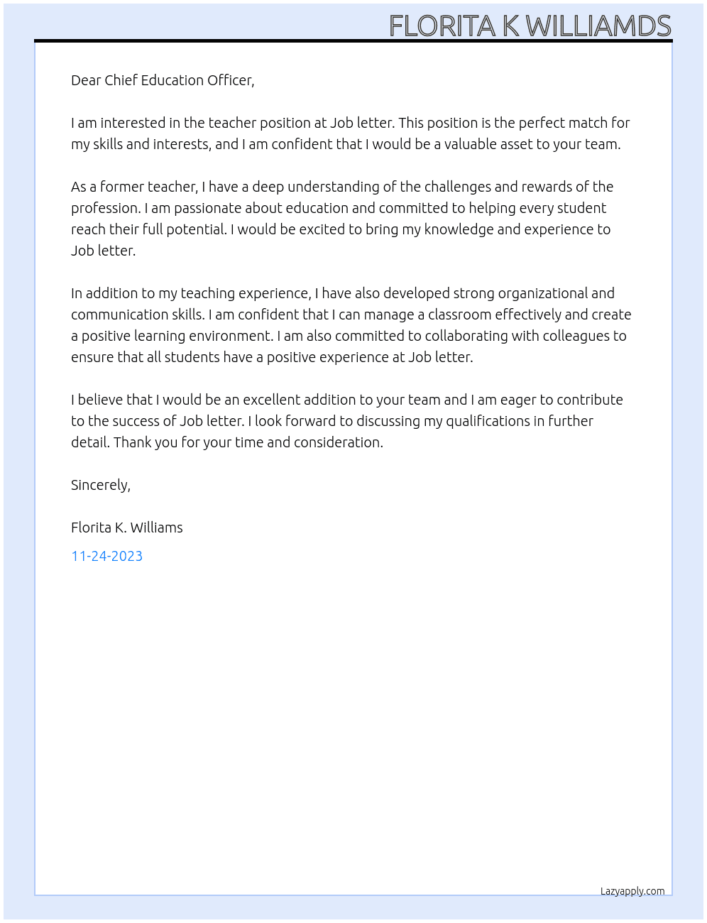 Teacher At Job letter Cover Letter