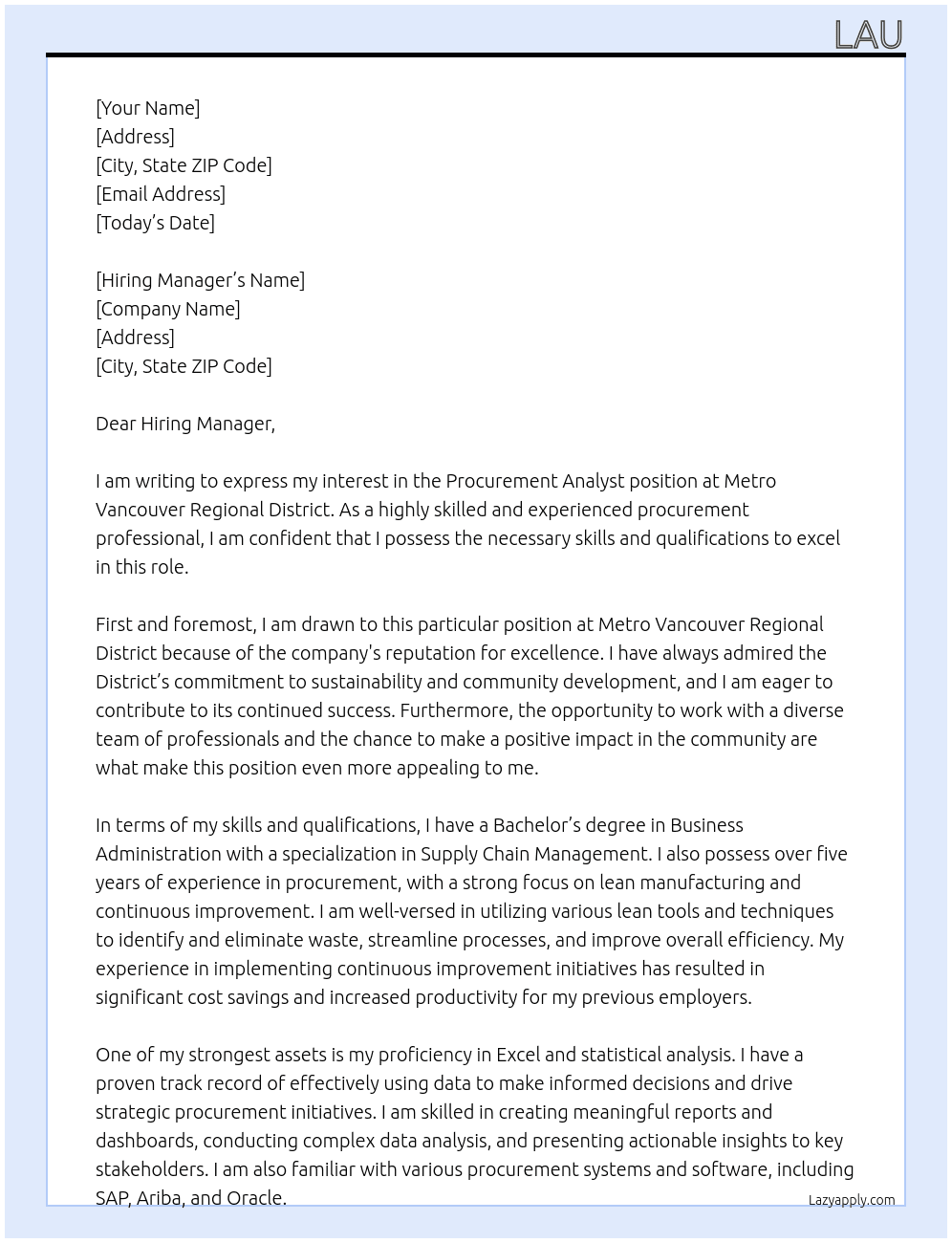 Procurement Analyst At Metro Vancouver Regional District  Cover Letter