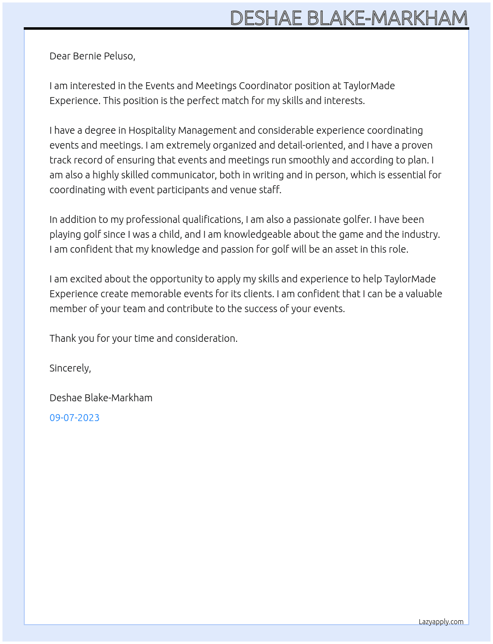 Events and Meetings Coordinator At TaylorMade Experience Cover Letter